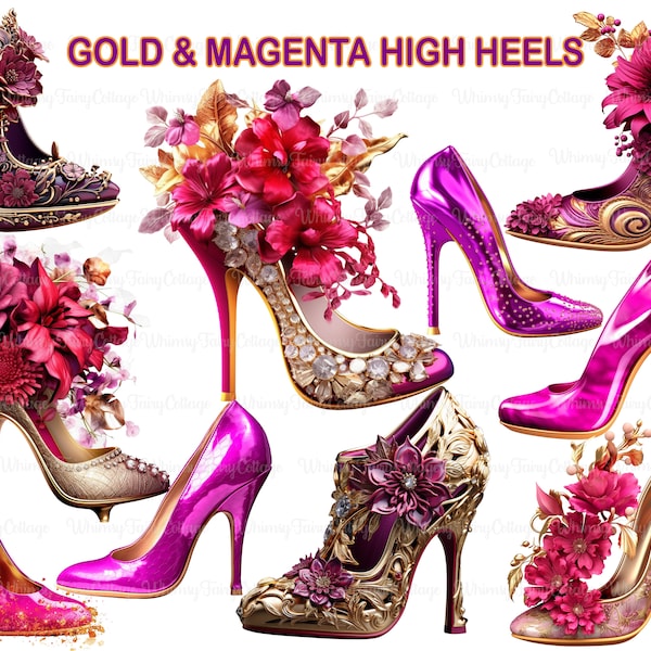 Gold and Magenta High Heel Shoes Clipart, Women's Shoes PNG Clipart, Floral Shoes Clip Art, Fashion Shoes PNG, Watercolor Shoes, Sublimation