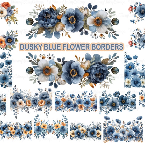 Dusky Blue Flowers Border PNG Clipart, Faded Blue Blooms Digital Clip Art, Scrapbook Blue Flowers, Watercolor Floral Borders and Frames PNG