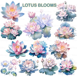 Lotus Blooms Clipart, Pastel Lotus Flowers PNG Cardmaking Background Scrapbook Border Garden Junk Journaling Collage Elements Uso Comercial