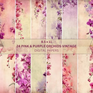 24 orchidee rosa e viola carta digitale vintage carta invecchiata floreale stampabile Junk Journaling Scrapbooking sfondo Libro in brossura Texture