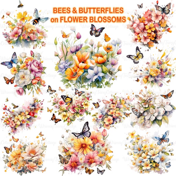 Bees and Butterflies on Flower Blooms Clipart, Flowers Borders PNG, Garden Journaling Cardmaking Stationery Borders Planners Background