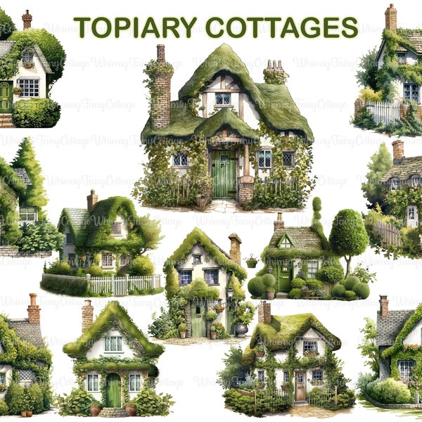 Topiary Cottage Clipart PNG Transparent, Green Cottages Digital Clip Art, Green Houses PNG, Scrapbooking Background, Commercial Use PNG