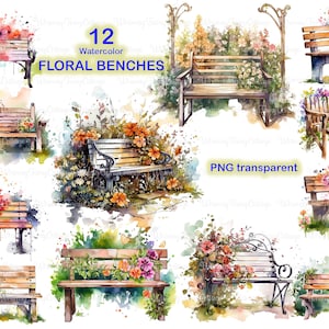 Floral Bench Clipart PNG Transparent, Rustic Bench PNG, Cottage Garden PNG Clipart, Flower Garden Element Scrapbooking Journaling Background