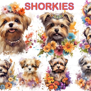 Shorkie Dog Clipart PNG Transparent, Floral Dog Pet PNG, Yorkshire Terrier Printable Wall Art, Small Dog with Flowers PNG, Scrapbooking Pet