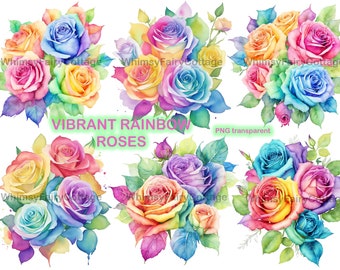 Rainbow Rose Bouquets PNG Transparent Clipart, Wedding Invitation Flower Border, PNG Rose Flowers, Colorful Roses Scrapbooking Flowers PNG