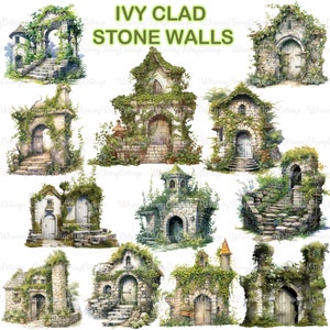Green Vines Ivy Clad Stone Wall PNG Clipart, Foliage Covered Stone Walls PNG, Old Stone Wall with Leaves, Medieval Gate PNG Background