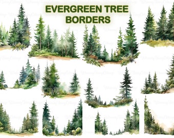 Evergreen Trees Border PNG Clipart, Greenery Border Digital Clip Art Scrapbooking Woodland Trees Journaling Nature Elements PNG Pine Trees