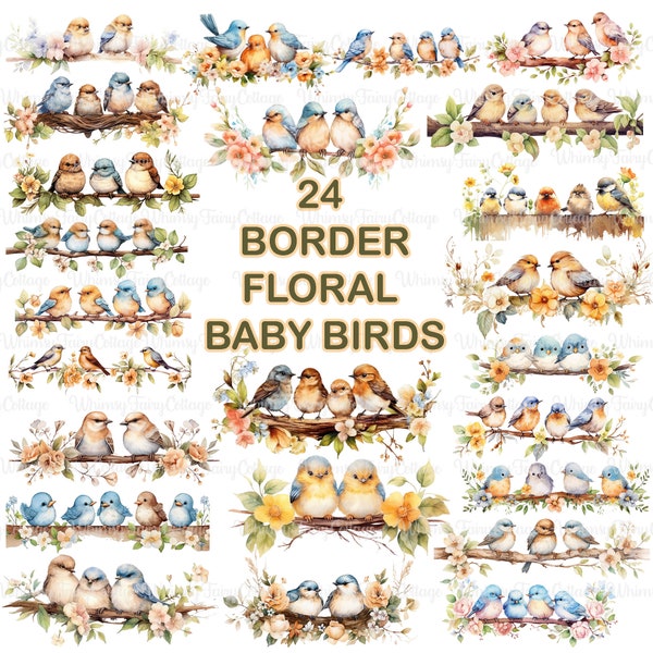 24 Border Baby Birds on Floral Branch Clipart PNG, Cardmaking Borders Scrapbook Background Junk Journaling Stationery Flower Elements