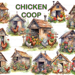 12 Clipart de poulailler aquarelle, Sublimation poulets PNG, Clipart animaux de ferme, Scrapbook poulets, éléments de fabrication de cartes, usage Commercial