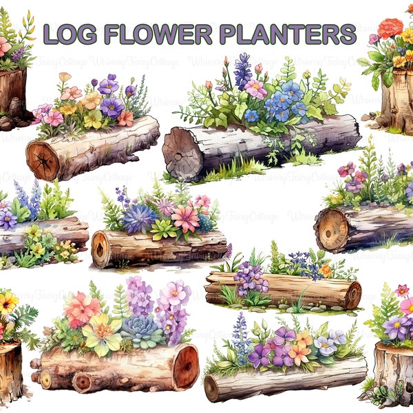 Log Flower Planter Clipart, Tree Log Garden Planters PNG Cardmaking Scrapbooking Elements Journaling Border Stationery Papercrafting Collage