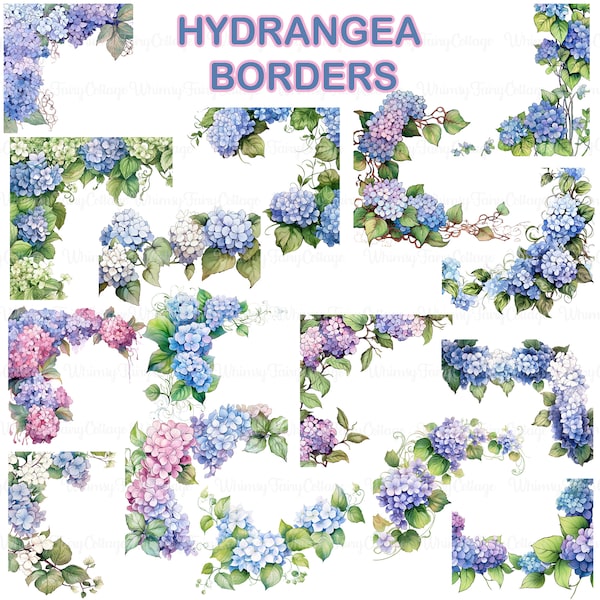 16 Hydrangea Border Clipart, Floral Frames and Borders PNG, Scrapbook Elements, Journaling Borders, Watercolor Hydrangea, Stationery Borders