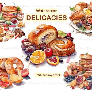 Delicacy Food Clipart PNG Transparent, Pastry Logo PNG, Watercolor Snacks PNG, Scrapbooking Background, Junk Journaling Foodie Elements