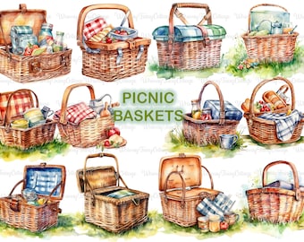Picnic Basket Clipart PNG Transparent, 12 Watercolor Picnic Baskets Digital Clip Art Scrapbook Background Junk Journaling Garden Elements