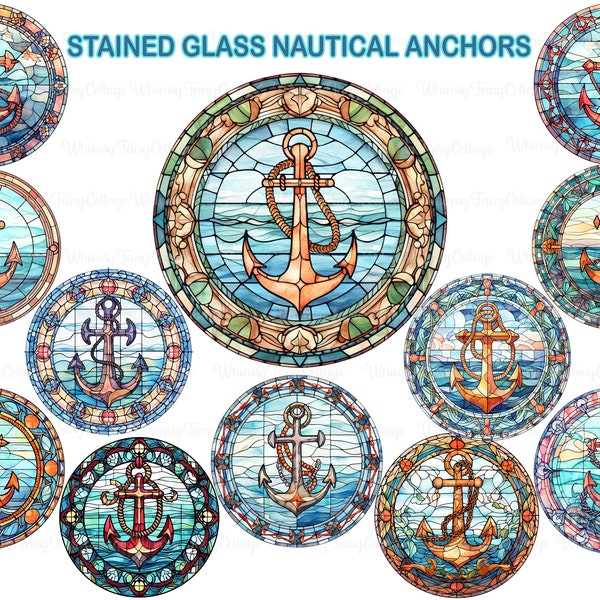 Stained Glass Nautical Anchor Clipart PNG Transparent, Anchor Round Logo Digital Clip Art, Coastal Theme PNG Background, Coaster Clipart