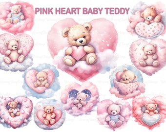 Pink Baby Girl Teddy Heart PNG Transparent Clipart, Pink Teddy Bear Digital Clip Art, Baby Girl Gender Reveal Clipart PNG, Pink Heart PNG