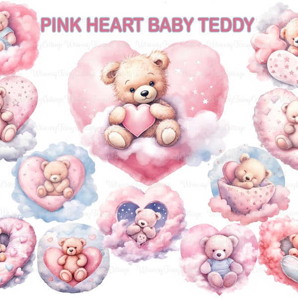 Pink Watercolor Baby Girl Teddy Heart Clipart PNG Transparent, Pink Teddy Bear Digital Clip Art, Baby Girl Gender Reveal Clipart PNG