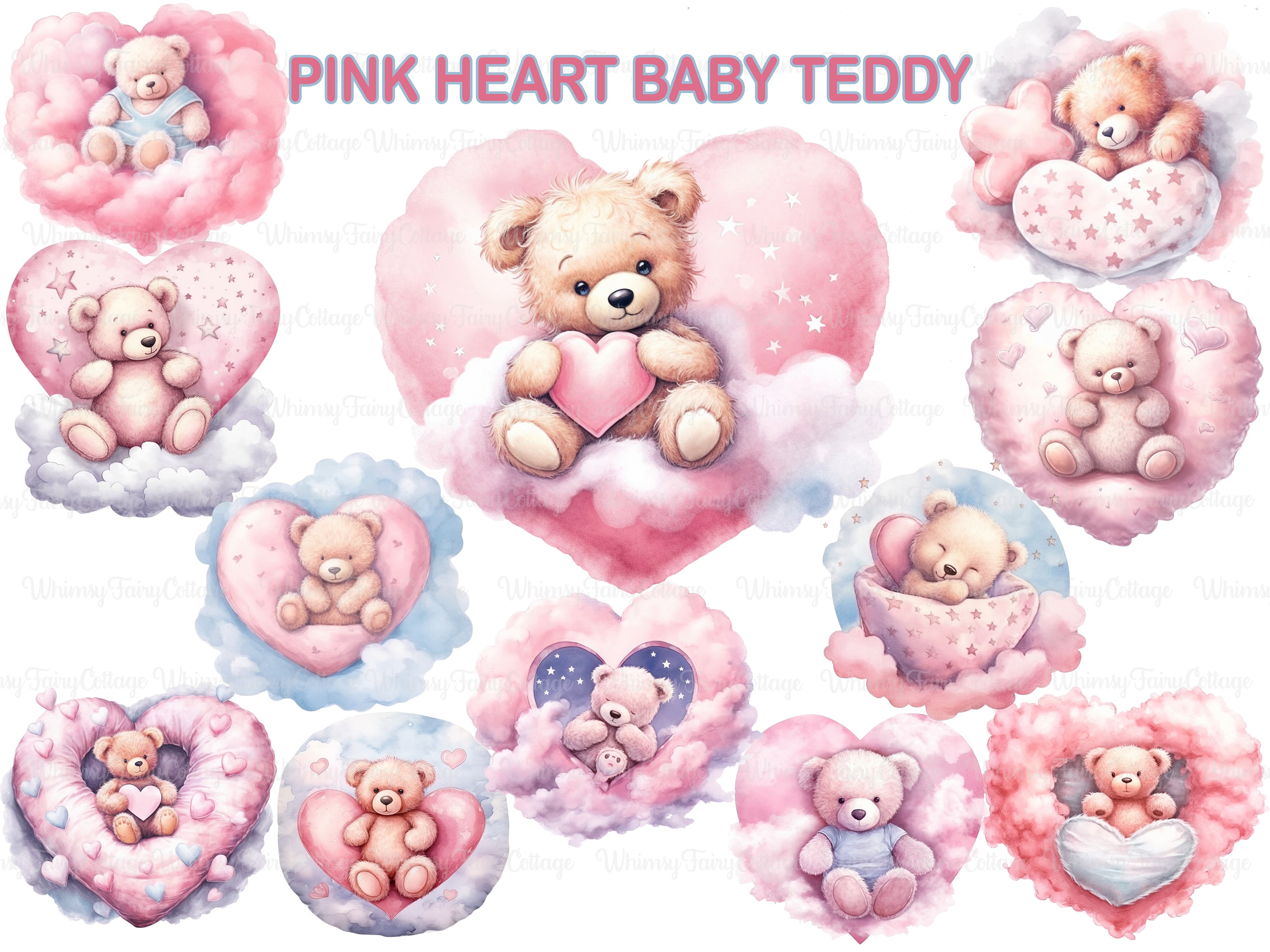 Pink Watercolor Baby Girl Teddy Heart Clipart, Nursery Teddy Printable ...