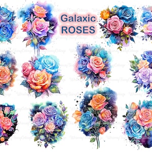 Galaktische Rosen Blumenstrauß PNG transparent, kosmische Regenbogen Rosen PNG Kartenherstellung Scrapbooking Junk Journaling Hintergrund Rose Rahmen PNG
