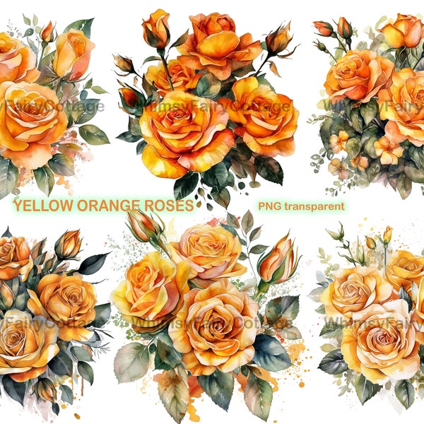 6 Yellow Orange Rose Bouquets Watercolor Clipart, PNG Digital Flowers Scrapbooking Download, Cardmaking Flowers Border, Junk Journal Flowers