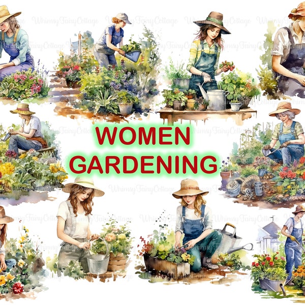 Watercolor Women Gardening Clipart, 10 PNG Transparent Background, Cardmaking Garden Inspired Clipart, Gardener Clipart, Cardmaking Journal