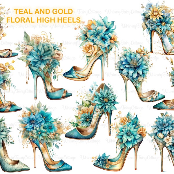 Teal and Gold High Heels Clipart PNG, Watercolor Floral Shoes Digital Clip Art Women's Fashion Shoes Bridal Invitation Glam Accessories PNG