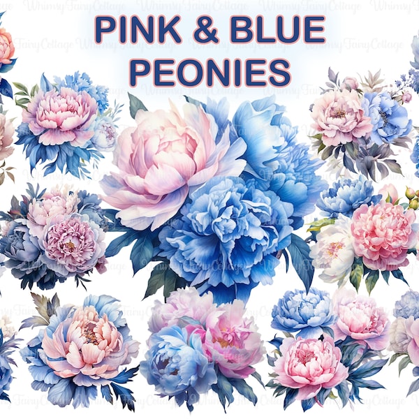 Pink and Blue Peony Flowers PNG Clipart, 16 Peonies Digital Clip Art Scrapbooking Bouquet Background Cardmaking Pastel Floral Border Collage