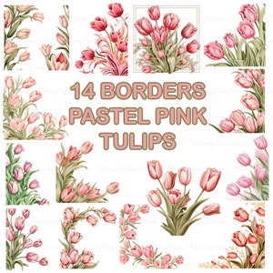 Clipart de borda de tulipas cor de rosa PNG, Pastel Primavera Flor Molduras Clipart Digital Cardmaking Scrapbooking Junk Journaling Floral Papelaria