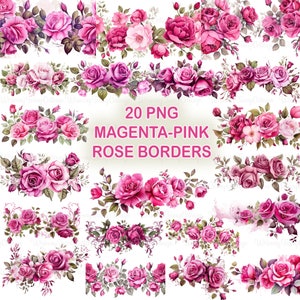 20 PNG Rose Border Clipart, Magenta Rose rosa Clip Art Fiore Banner Carta nuziale Invito Elegante Rose PNG Scrapbook Floral Ephemera