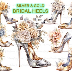 Silver and Gold Bridal Shoes PNG Transparent Clipart, Silver High Heels Digital Clip Art Wedding Banner Glam Shoe Bridal Card Invitation