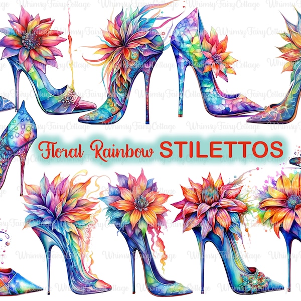 Floral Rainbow Stilettos Clipart PNG Transparent, Rainbow High Heels Digital Clip Art, Vibrant Women's Shoes PNG, Fashion Elements PNG