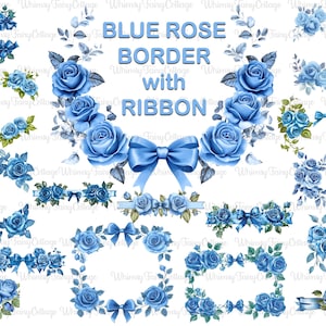 Blue Rose Ribbon Nametag Border PNG Transparent Clipart, Blue Flower Border PNG, Blue Wedding Flower Banner PNG, Roses with Bow Ribbons Art