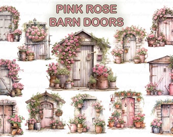 Pink Rose Barn Doors PNG Clipart, Farmhouse Roses Digital Clip Art Garden Junk Journaling Elements Scrapbooking Background Stationery Border