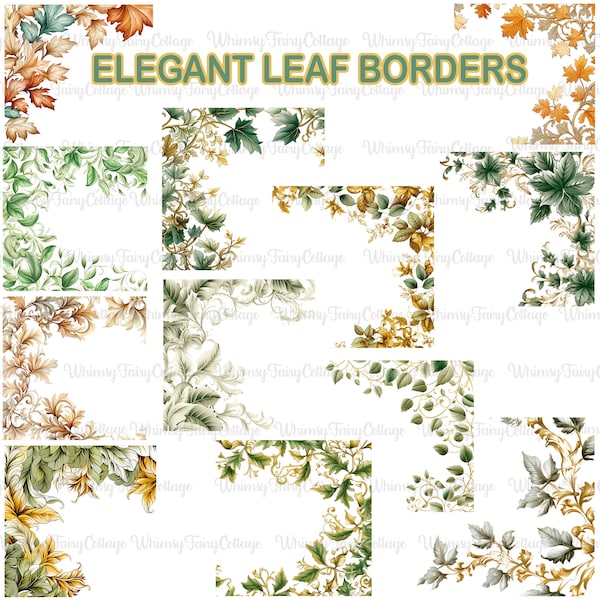 12 Élégant Leaf Border Clipart, Leaves Borders PNG, Journaling Frames and Borders, Cardmaking, Digital Paper Borders, Utilisation commerciale