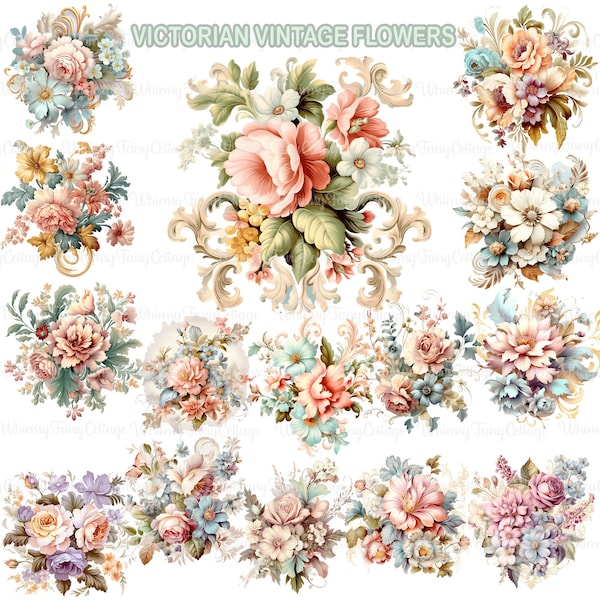 Victorian Vintage Flowers PNG Clipart, 15 Retro Vintage Floral Borders and Backgrounds Cardmaking Scrapbooking Junk Journaling Stationery