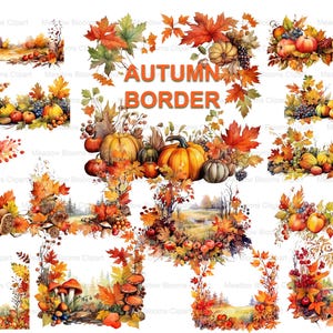 May include: A collection of digital illustrations featuring autumn borders with vibrant orange, red, and yellow maple leaves, pumpkins, gourds, grapes, and berries. The central text reads AUTUMN BORDER in orange capital letters against a white background.