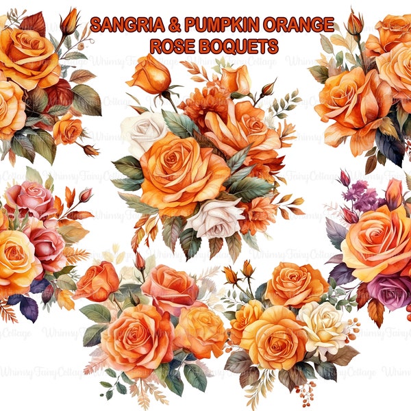 Sangria and Pumpkin Orange Rose Bouquet Clipart, Bridal Bouquet Orange Motif, Orange Roses PNG, Cardmaking Roses, Journaling, Commercial Use