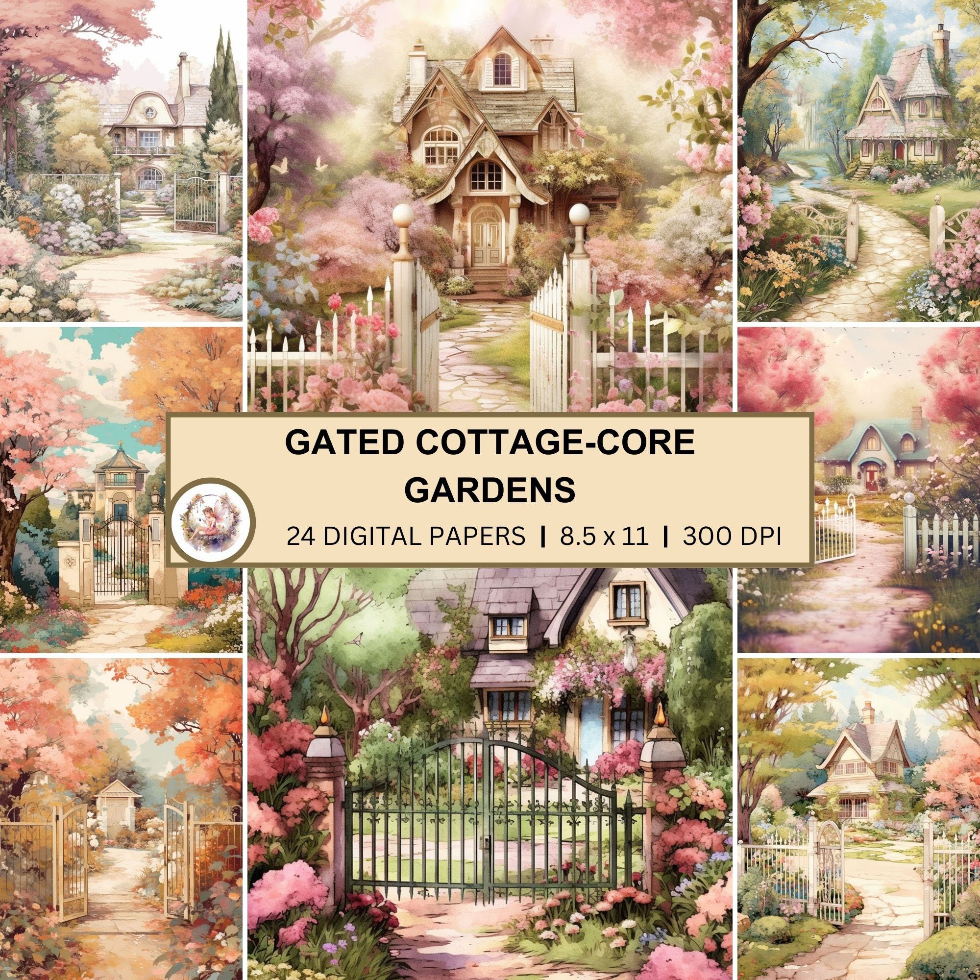 Gated Cottagecore Gardens Digital Paper, Cottage Garden Background, Decoupage Paper Elements, Garden Journaling Social Media Posting Logo