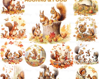 Squirrels Clipart PNG Transparent, Squirrels Gathering Acorns and Food Digital Clip Art, Woodland Animals PNG, Scrapbook Animal Background