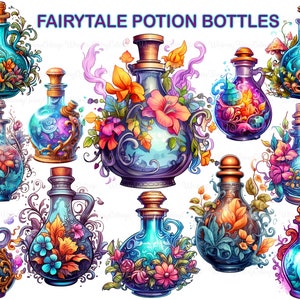Fairytale Potion Bottle Clipart PNG Transparent, Magical Rainbow Bottles Digital Clip Art, Witchcraft Fantasy Apothecary Fantasy PNG