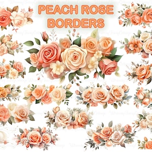 Perzik Rose grenzen PNG clipart, perzik bloemen grens banner digitale illustraties, aquarel bloemen perzik PNG, elegante Rose papier grenselement