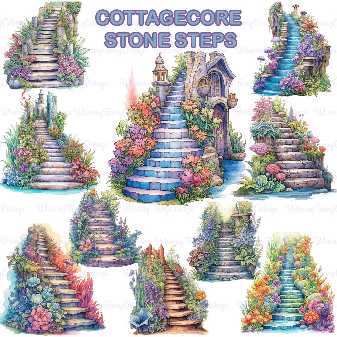 10 Cottage-core Stone Steps Clipart PNG, Floral Fantasy Steps ...