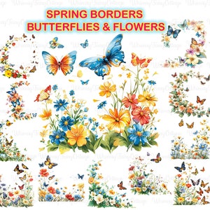May include: A collection of digital images featuring colorful butterflies and flowers arranged in borders. The images are perfect for crafting projects, scrapbooking, and digital design.
