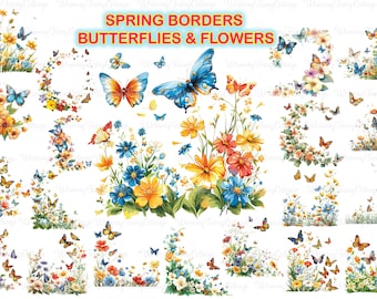 20 Spring Butterflies and Flowers Border Clipart PNG Transparent, Meadow Flower Border Digital Clip Art, Floral Elements PNG, Summer Border