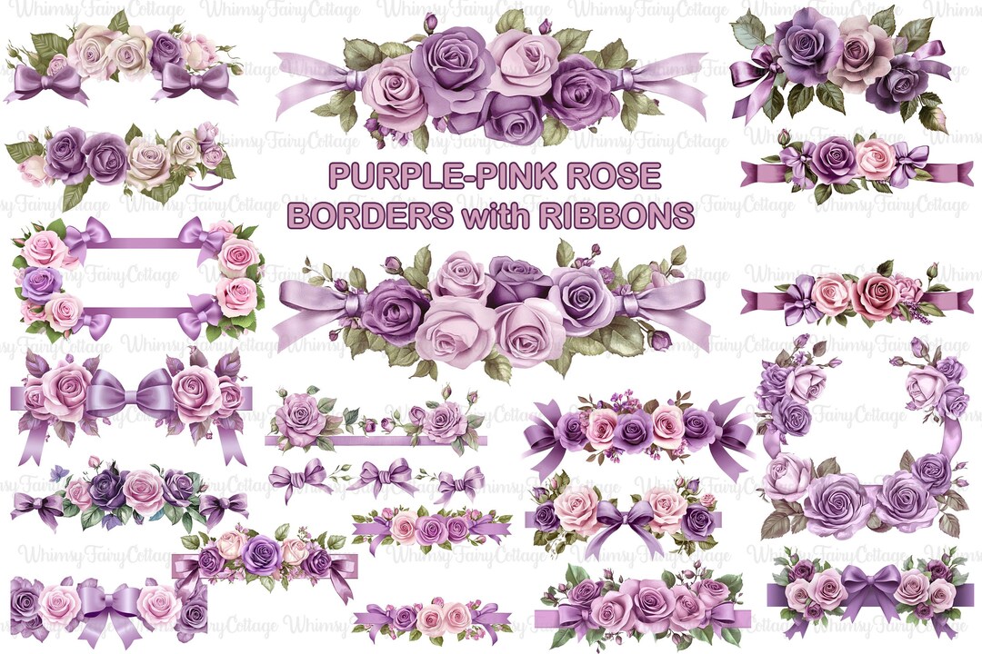 Purple Rose Ribbon Border Clipart: PNG Floral Frames (digital Download ...