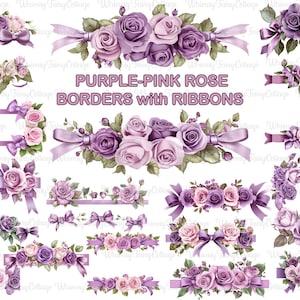 Bordas de laço de fita rosa roxo-rosa PNG clipart transparente, borda horizontal de rosa PNG, borda de banner com nome de rosa PNG, fundos de flores