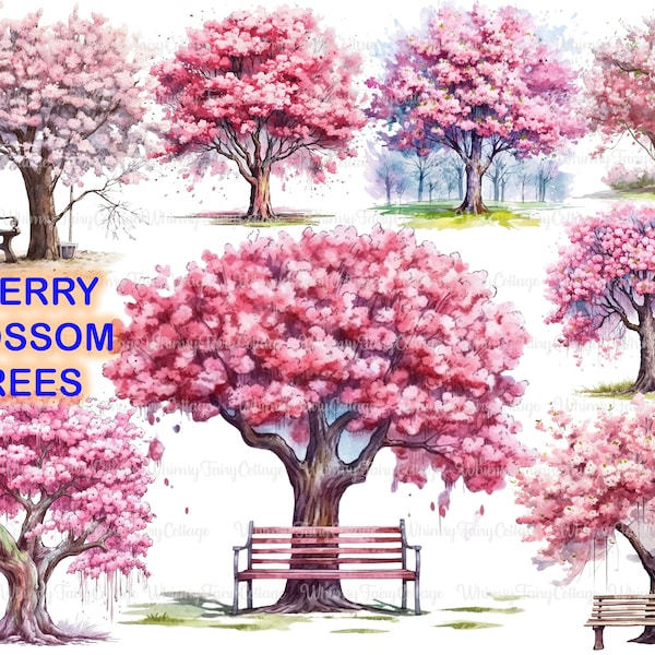 8 Watercolor Cherry Blossom Trees Clipart, PNG Transparent Background, Papercraft Pink Trees, Sublimation Trees Designs, Printable Clipart