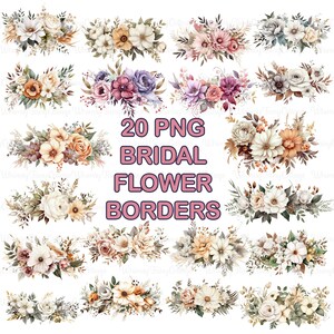 20 PNG Bridal Flower Border Digital Clipart, Invitación de boda Elementos florales Papelería Banner Flores Fotografía Telón de fondo Fabricación de tarjetas