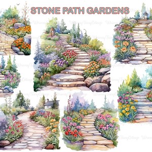 Stone Path Garden Clipart PNG Transparent, Cottage-core Stone Stairs Garden PNG, Cottage Garden PNG, Stone Flowers Transparent Background