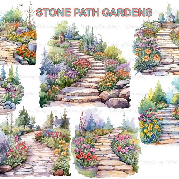 Stone Path Garden Clipart, Cottage-core Stone Stairs Garden PNG, Stone Stairs, Garden Journaling, Papercraft, Sublimation, Commercial Use