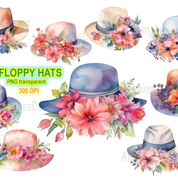 9 PNG Floppy Hat Digital Clipart, Watercolor Floral Summer Hat Junk Journaling Border Elements Fashion Accessories Scrapbooking Background